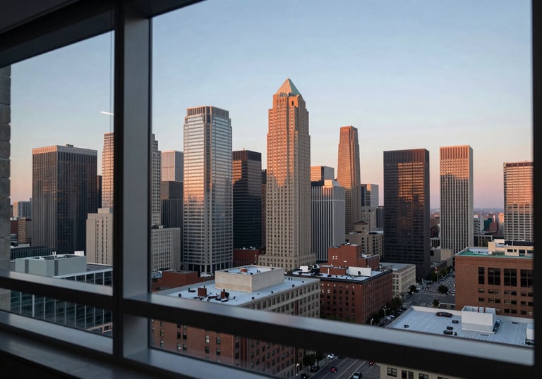 A sophisticated North American / US cityscape view through a clean office window at dusk, reflecting a professional and innovative mood.