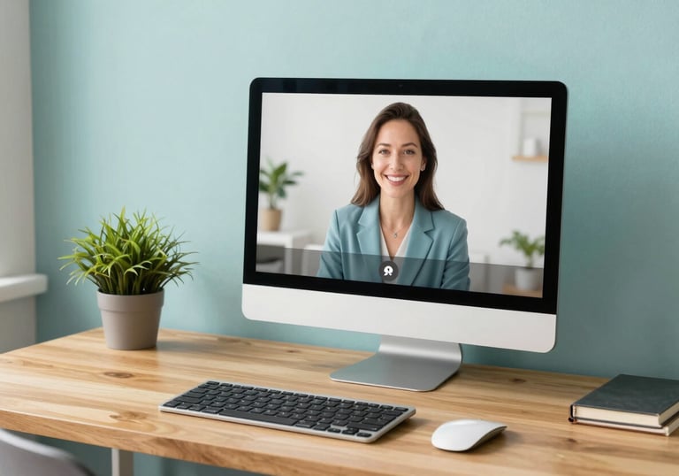 A clean, bright North American / US home office set up for a telehealth call, featuring a modern computer screen, warm wooden desk, and a small green plant, conveying a professional yet compassionate atmosphere. Light teal accents.