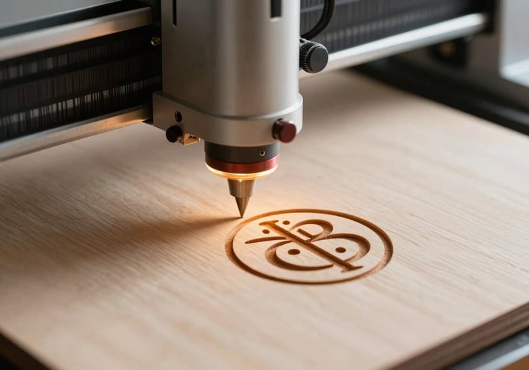 A macro photograph of a laser cutter engraving a detailed logo into natural wood in a European / French workshop, warm glow, professional style.