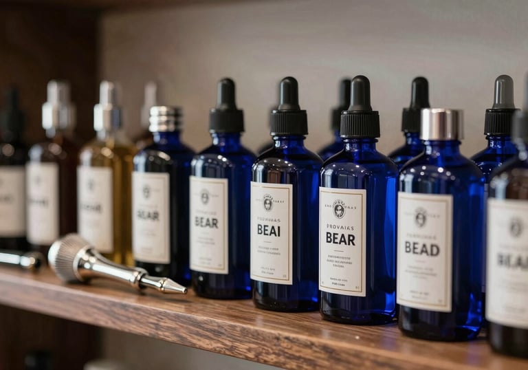 Close-up of a shelf with dark blue glass bottles of premium beard oils and silver grooming accessories. The atmosphere is elegant and clean, typical of a high-end European / Romanian barbershop.