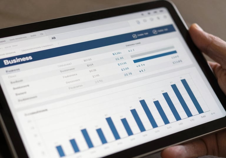 A close-up of a tablet screen displaying organized business spreadsheets and bar graphs in a professional setting.