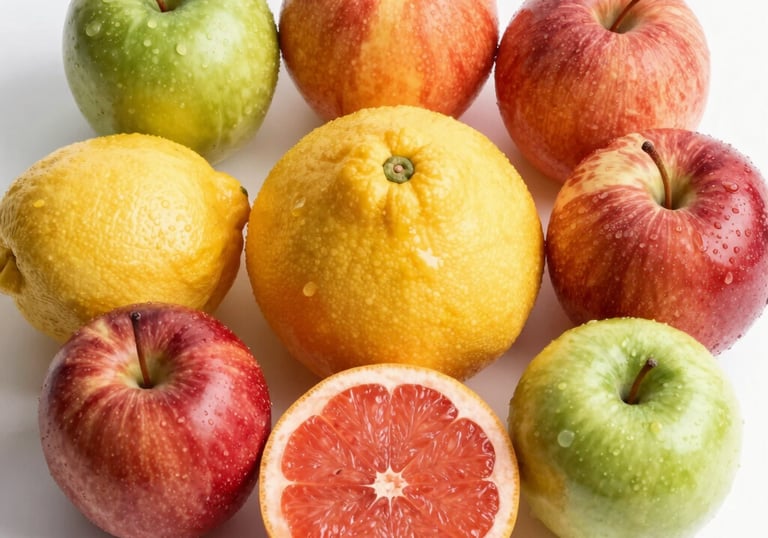 A minimalist, sunrise-inspired graphic of a sliced orange with dew drops, set against a clean white background.