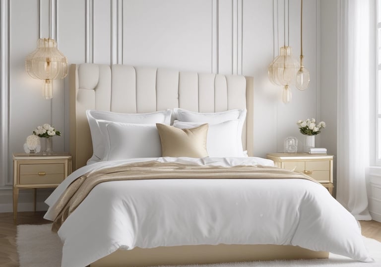 A luxurious glam chic living room with blue and gold accents and elegant furnishings.