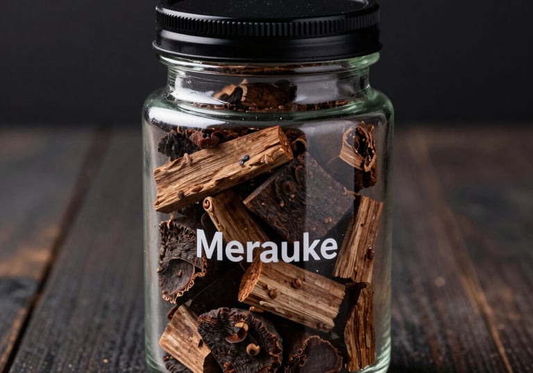 A luxury product shot of a dark glass jar filled with premium Merauke Oud wood chips, setting on a rustic dark wood surface, Indonesia.