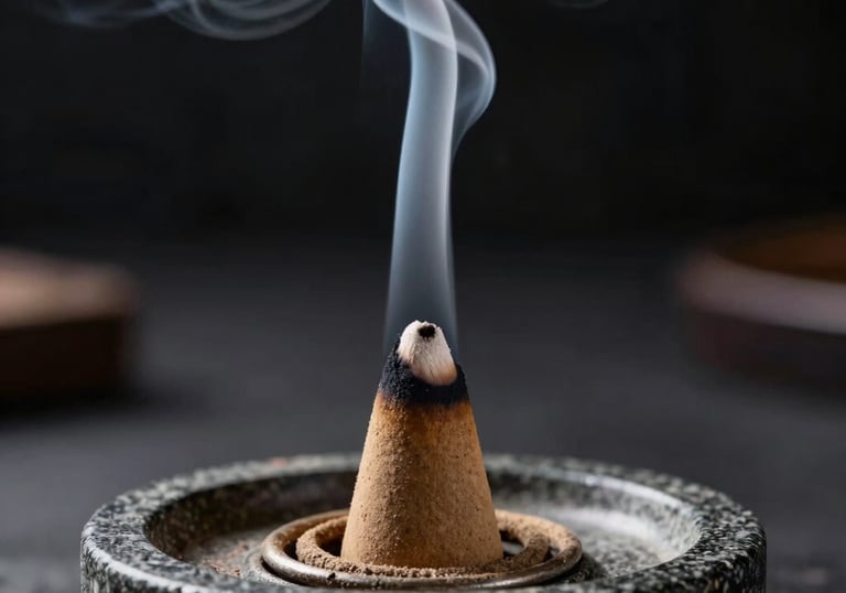 A close-up shot of a dark-toned stone incense holder with a slow-burning cone releasing graceful wisps of white smoke, high contrast moody style.