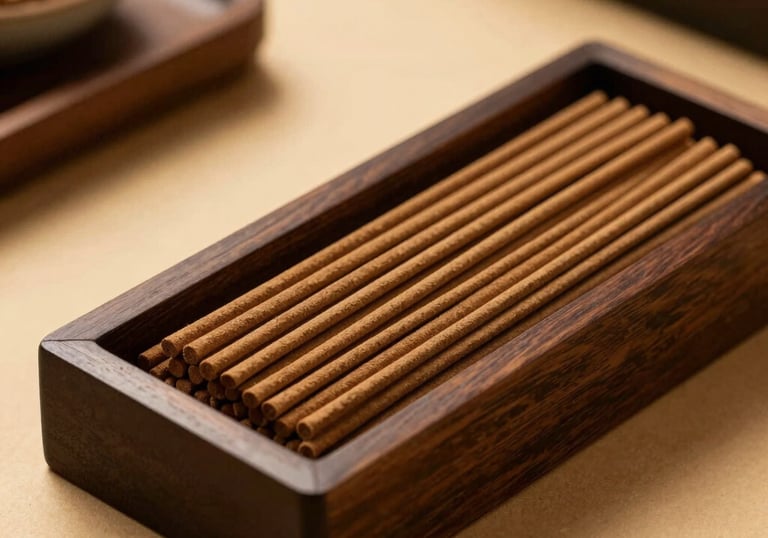 A premium product photography of natural incense sticks arranged beautifully in a dark minimalist wooden box, warm atmospheric golden lighting, luxurious Indonesia setting.