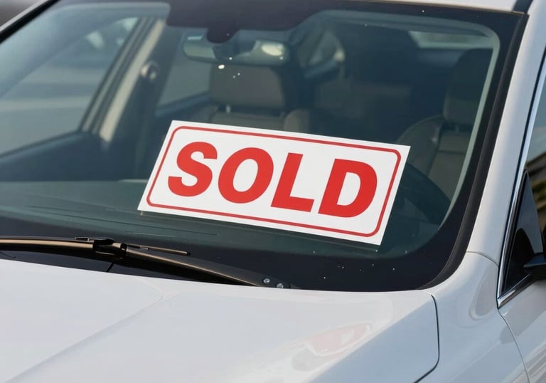 A close-up of a &amp;amp;amp;#x27;SOLD&amp;amp;amp;#x27; sign placed behind the windshield of a clean, polished luxury vehicle in a North American &amp;amp;amp;#x2F; US dealership lot.