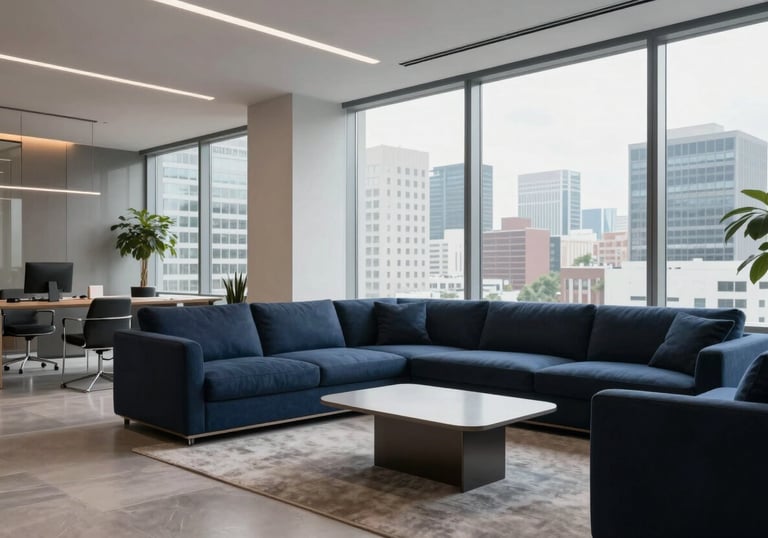 A brightly lit modern office lobby with minimalist furniture in Deep Charcoal Blue and large windows overlooking the city.