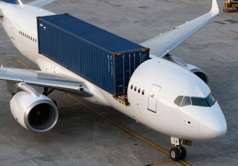 A clean, high-angle shot of a cargo plane being loaded with containers, using a professional aesthetic with steel blue and deep navy tones.