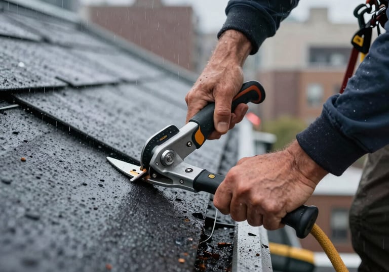 A close-up photograph of a professional roofer's hands using an industrial tool to secure a roof section during a light drizzle, North American / US - New York City.
