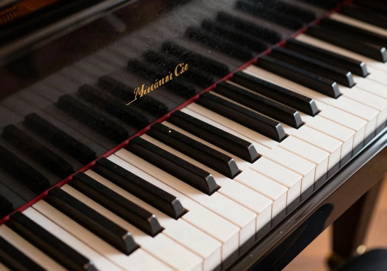 A high-angle professional shot of a black grand piano's ivory and ebony keys. The wood has a deep charred finish with polished brass details reflecting a soft, warm glow.