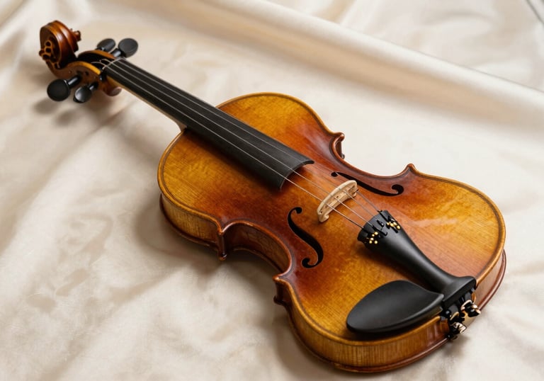 A studio photograph of a master-crafted violin with a rich mahogany varnish, resting on a soft ivory silk fabric. The grain of the wood is visible and sharp under professional lighting.