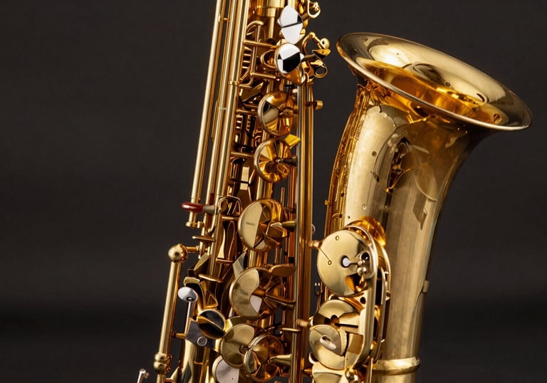 A detailed macro photograph of a gold-lacquered saxophone. The warm oak-colored brass surface and intricate keys are showcased against a dark, out-of-focus background.