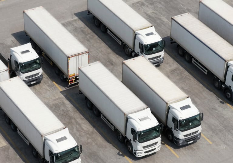 A bird's eye view of several white trucks parked in an organized grid at a terminal. Clean, sharp lines, professional and efficient atmosphere.