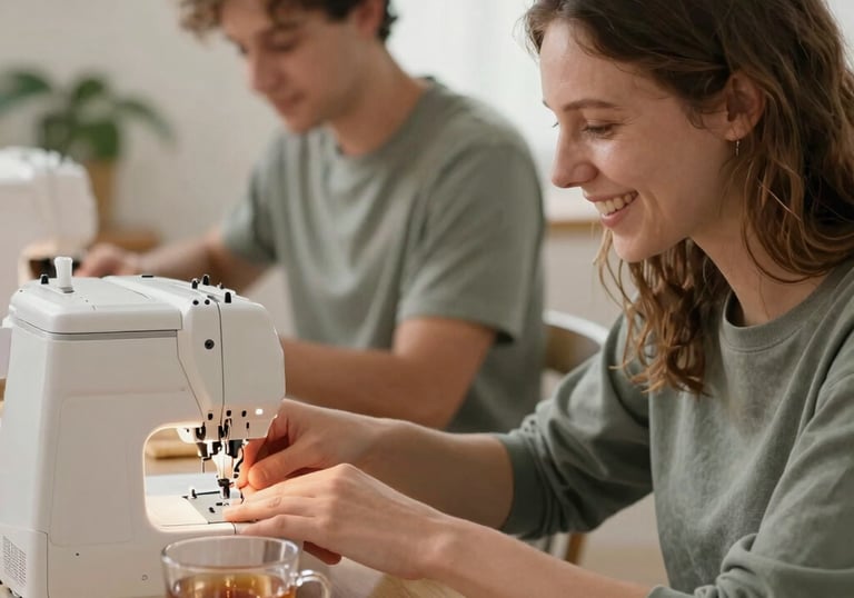 Élève souriante utilisant une surjeteuse et buvant un thé