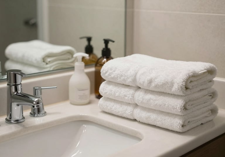 A detail photography shot of a perfectly organized and clean modern bathroom in a North American / Hawaiian resort, featuring folded white towels and sparkling silver fixtures.