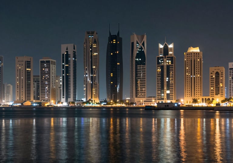 Wide panoramic shot of the Ajman Corniche at night, with city lights reflecting on the water and modern Gulf architecture in the background. High-quality photography.