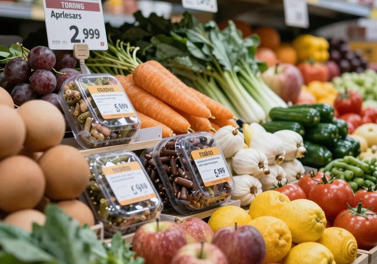 Fresh food supplies being loaded into delivery trucks at a warehouse.