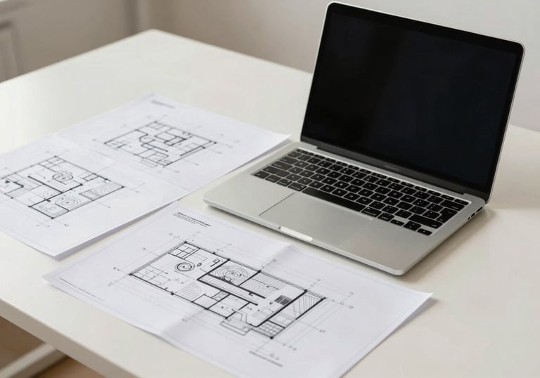 A modern architectural workspace with a laptop and architectural plans spread out on a clean desk. The color scheme is soft off-white with accents of muted sage and dark charcoal.
