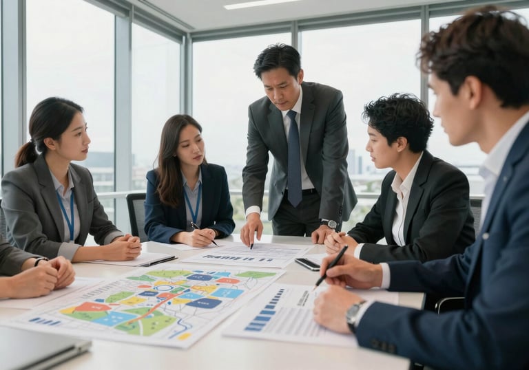 A group of professional consultants in a bright, modern meeting room with large windows, reviewing a series of project charts and maps, in a collaborative and professional Australian / International business setting.