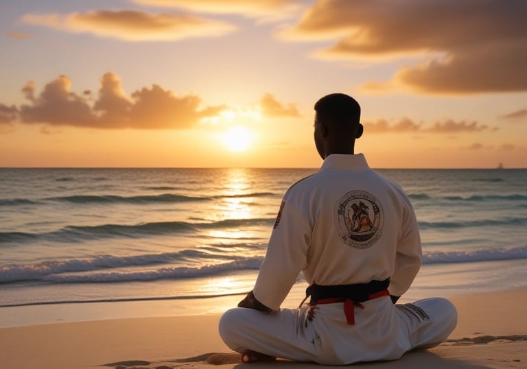 girl wearing karate gi sitting on pink puzzle mat