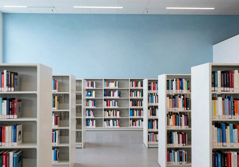 A wide shot of a minimalist, high-ceiling academic library with rows of white bookshelves in an International Academic university. Palette: Soft Sky Blue and Crisp White.