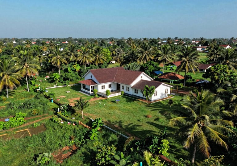A lush, green aerial view of a premium farmhouse plot near Chennai. The landscape is well-maintained with palm trees and a clear blue sky, suggesting peace and high-value land investment.