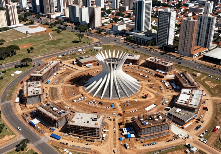 Aerial drone photography of a large-scale construction development in Brasília, South American city planning, broad daylight.