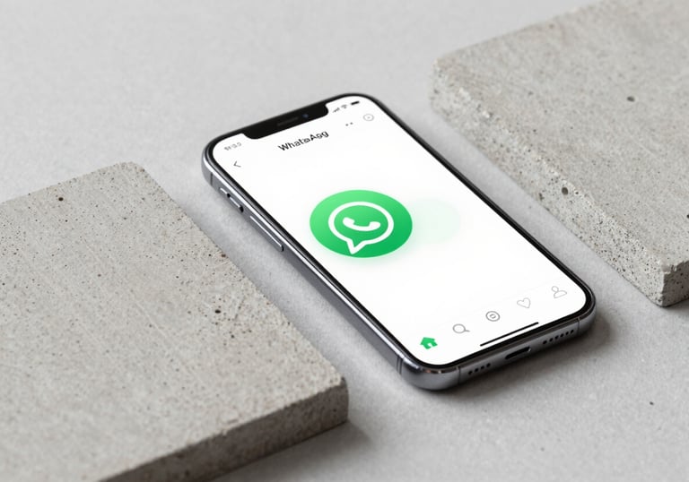 A minimalist composition featuring a smartphone with a messaging app next to concrete samples, symbolizing easy WhatsApp contact.