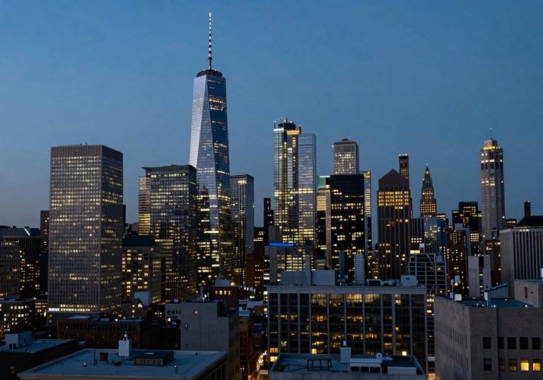 A futuristic cityscape of a North American / US financial district at twilight, illuminated with dark navy and muted blue lights.