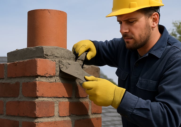 Close-up of a craftsman repairing a brick chimney under a clear blue sky.