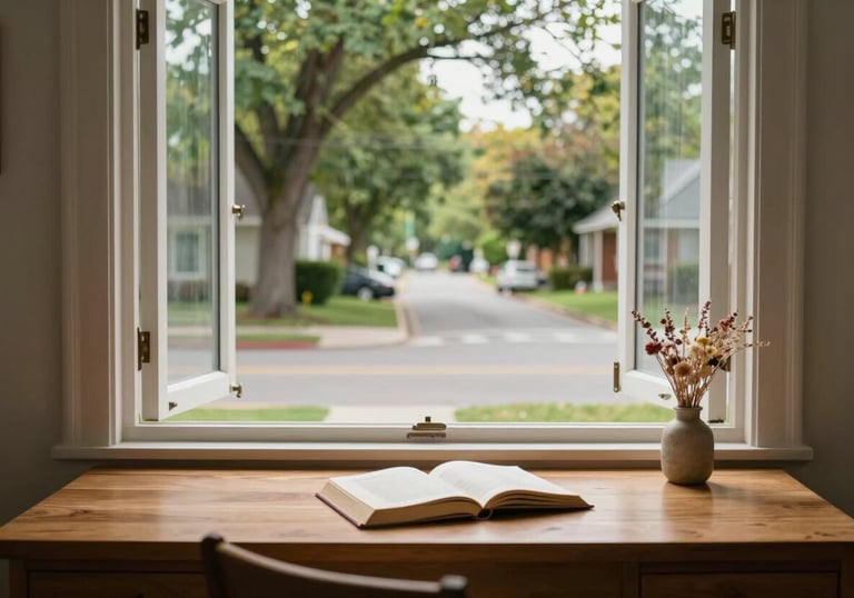 An open window overlooking a leafy North American / US suburban street, with a clean wooden writing desk in the foreground. On the desk is a single bound book and a small vase with dried flowers. The atmosphere is peaceful and inspiring for a writer.
