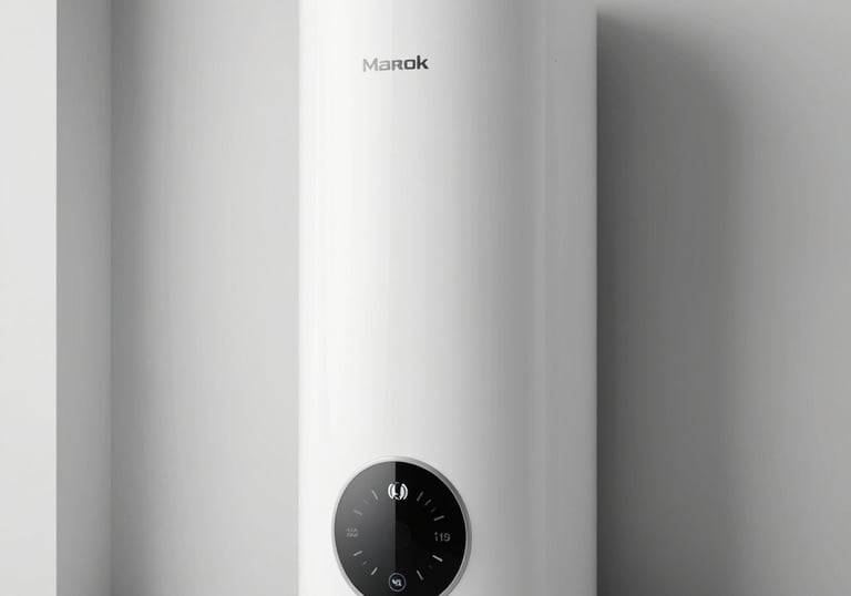 A modern thermodynamic water heater in a clean, minimalist interior utility room. Studio lighting highlighting the sleek design and energy-saving technology.