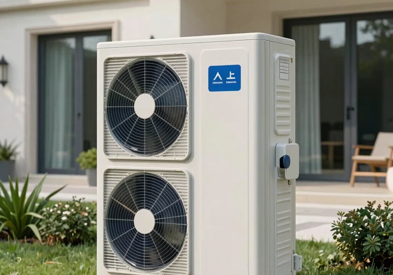 A close-up of a high-efficiency air-to-water heat pump unit outside a contemporary French villa, surrounded by clean landscaping. Soft green and light blue tones.