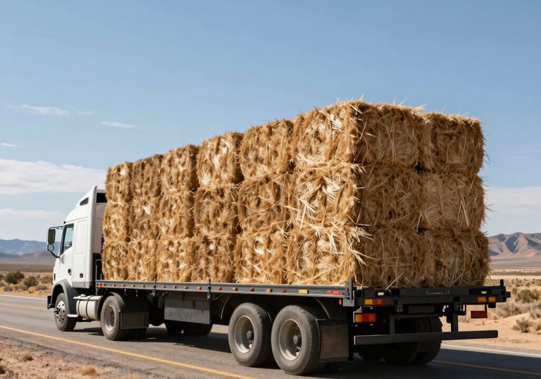 A wide-angle shot of a professional flatbed truck loaded with perfectly stacked hay bales, driving on a straight desert highway under a bright sun, North American Southwestern US.