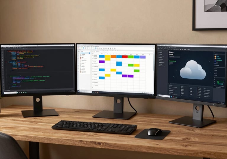A professional home office setup with three large monitors. One monitor shows lines of clean code, another displays a Kanban project management board, and the third shows a cloud server status dashboard. The room has sand colored walls and modern Brazilian decor.