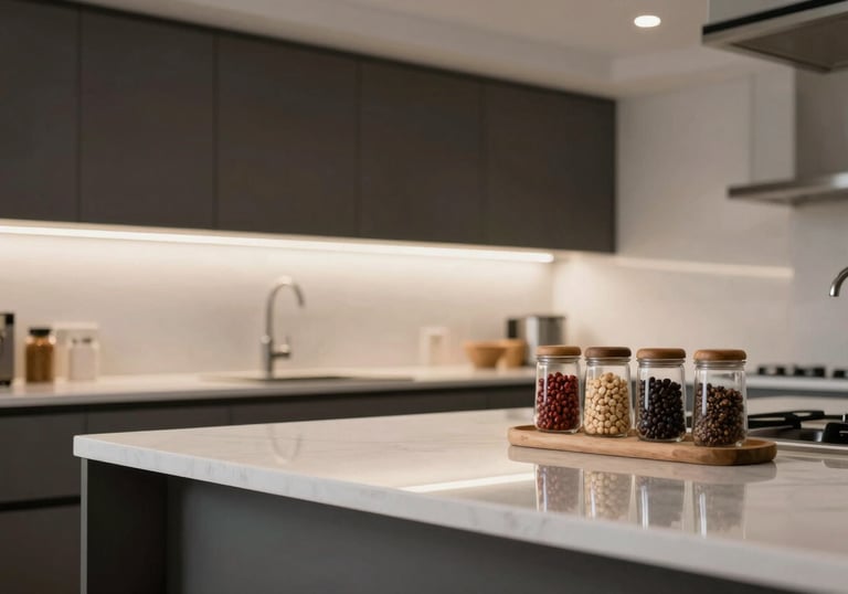 A clean and modern South American kitchen with gleaming countertops, organized spice jars, and a sense of order, soft overhead lighting, tones of dark charcoal and off-white.
