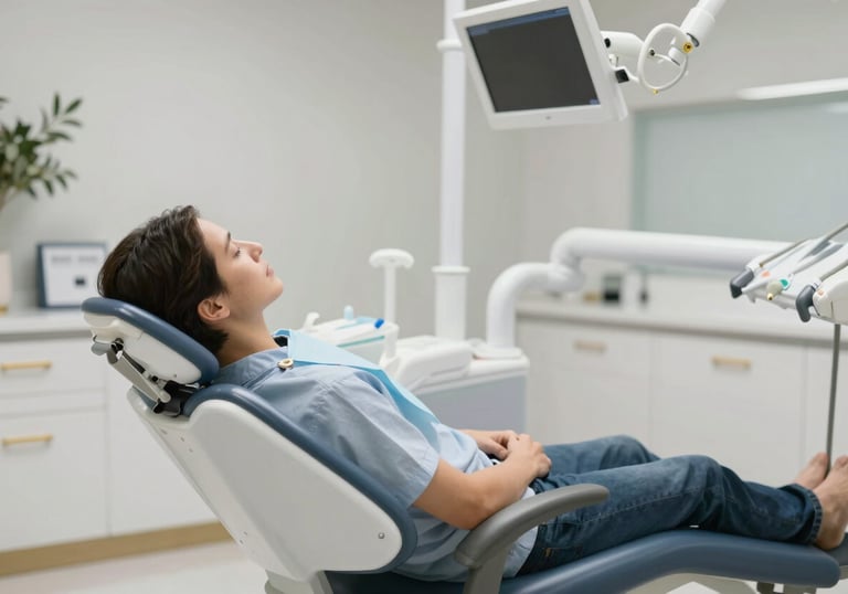 Patient comfortably resting in a dental chair with a view of a clean, minimalist dental office decorated with subtle gold accents and olive plant life.