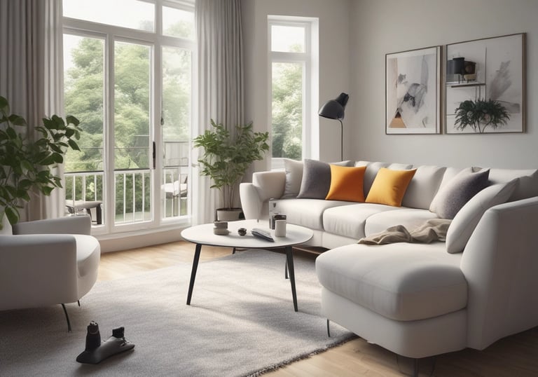 A close-up of cleaning supplies arranged neatly on a navy blue cloth with electric blue highlights.