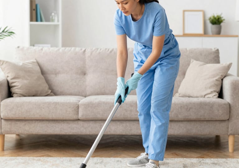 A professional cleaner vacuuming a living room with sunlight streaming through the windows.