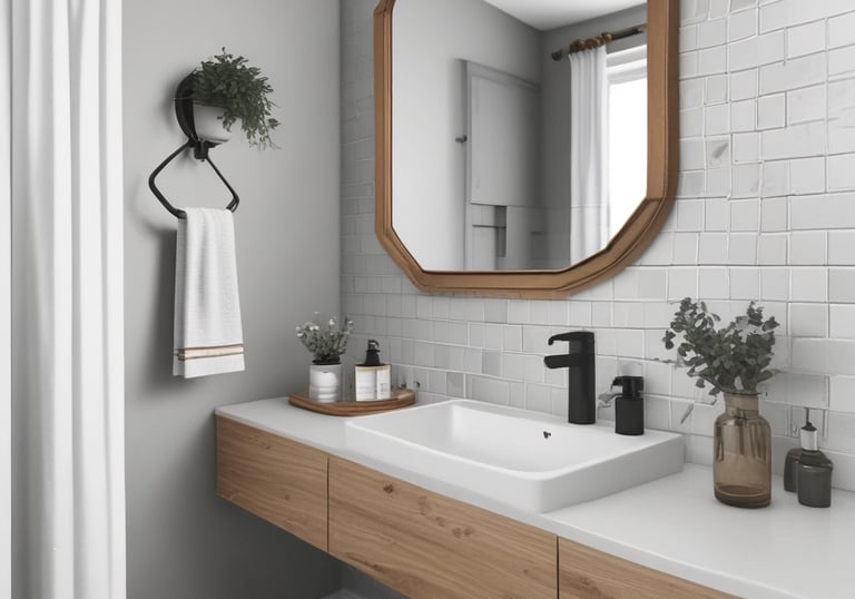 A cheerful cleaner wiping down a kitchen counter with navy blue and electric blue accents in the background.