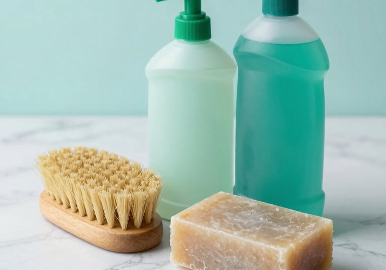 Sustainable and eco-friendly cleaning supplies like a wooden brush and natural soap on a white marble surface, soft light teal and white tones.