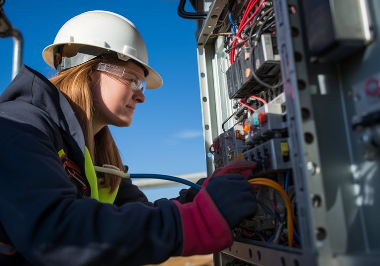 Female electrical technician in a hard hat repairing a complex industrial power control panel.