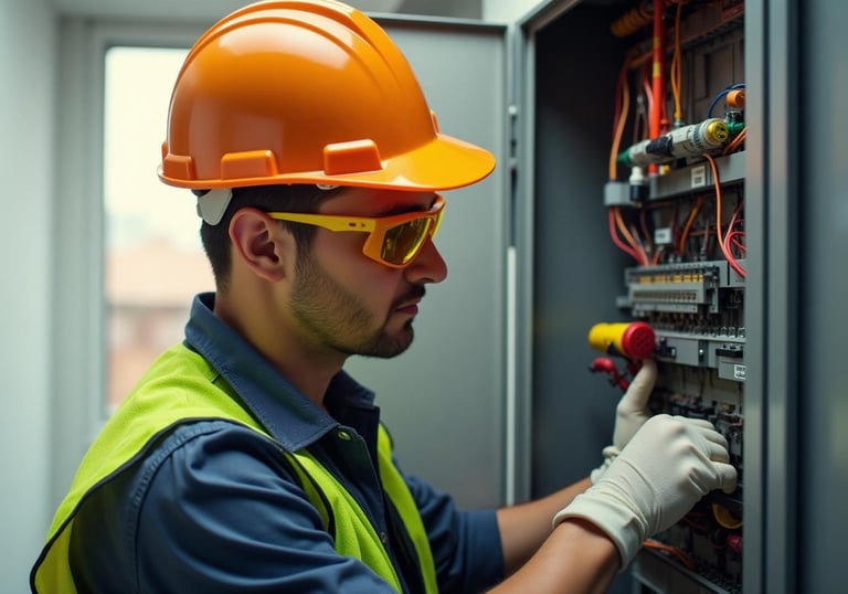 An electrician in a hard hat and safety gear inspecting an industrial electrical control panel.