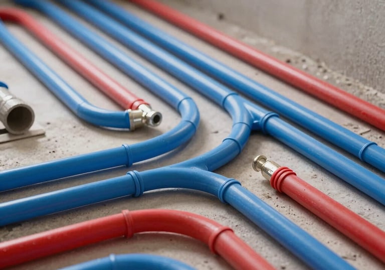 Close-up of an intricate network of blue and red PEX pipes for hot and cold water in a new Brazilian building construction, modern engineering.