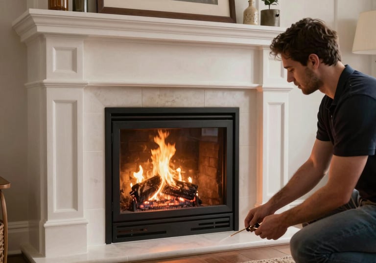 A cozy North American living room with a glowing, safe fire in a well-maintained fireplace, reflecting a mood of comfort and professional care.