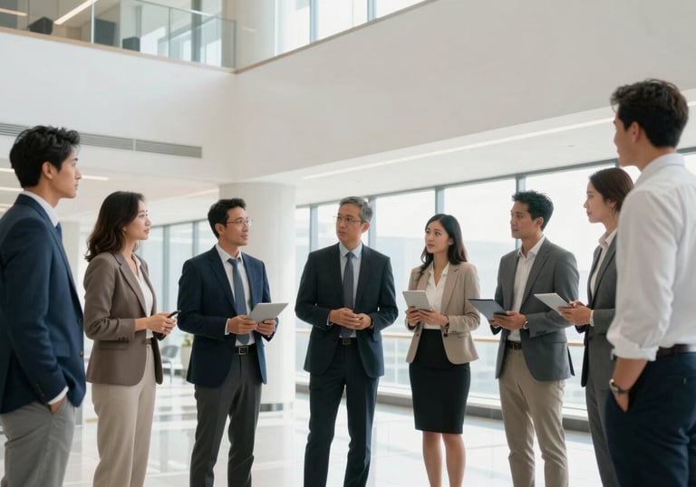 A diverse group of North American professionals collaborating in a bright, modern corporate atrium with sleek architectural details.