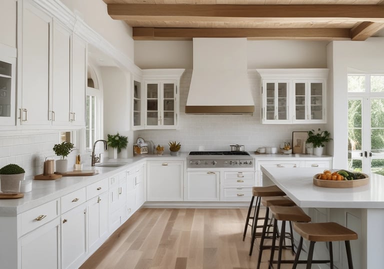 A bright, airy living room staged in a coastal bungalow with soft blues and natural textures.