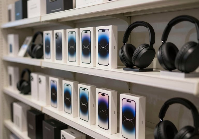 A photograph of a modern, organized technology shelf showing a variety of smartphone boxes and headphones. Clean, professional lighting, Middle Eastern / Gulf retail style.