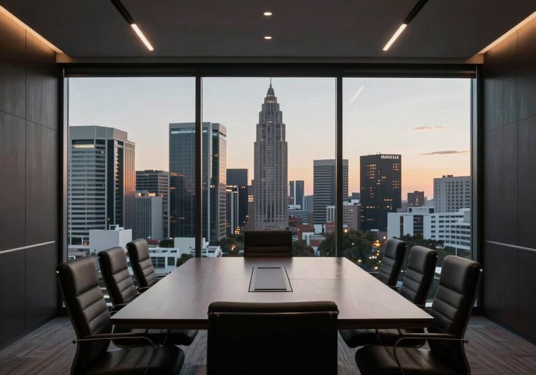 A wide photography shot of a sleek, dark-themed office meeting room with gold light fixtures, overlooking the Sandton skyline in South Africa at twilight.
